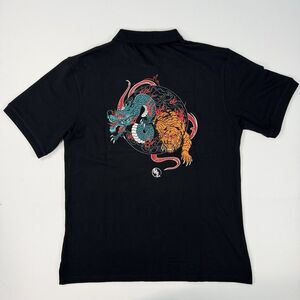 Koisea Embroidered Polo Shirt Mens‎ XXL Black Cotton Dragon Tiger Short Sleeve